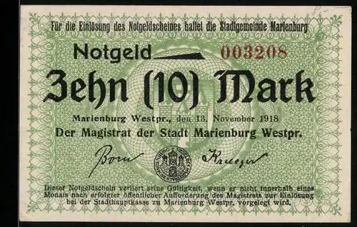 Notgeld Marienburg 1918, 10 Mark, Seriennummer, Siegel des Magistrats und Stadtwappen