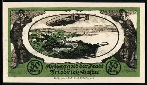 Notgeld Friedrichshafen 1920, 50 Pfennig, Zeppelin Luftschiff über Stadtansicht, zwei Männer, Wappen mit Baum und Horn