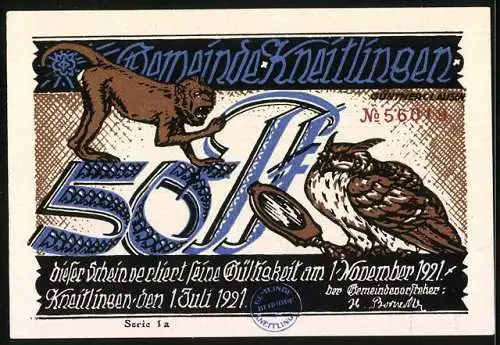 Notgeld Kneitlingen 1921, 50 Pfennig, mittelalterliche Figuren, Affe und Eule, Serie 1a, Nr. 560140, Wappen vorhanden