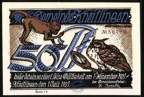 Notgeld Kneitlingen 1921, 50 Pfennig, Eulenspiegelhof und Tiere, Gemeindesiegel