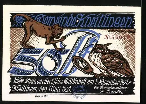 Notgeld Kneitlingen 1921, 50 Pfennig, Affe und Eule, Serie 2b, Nr. 56019, Wappen der Gemeinde Kneitlingen