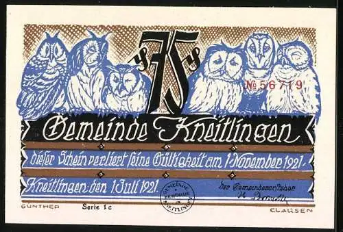 Notgeld Kneitlingen 1921, 75 Pfennig, Till Eulenspiegel auf Seil und Eulenreihe, Seriennummer 56719