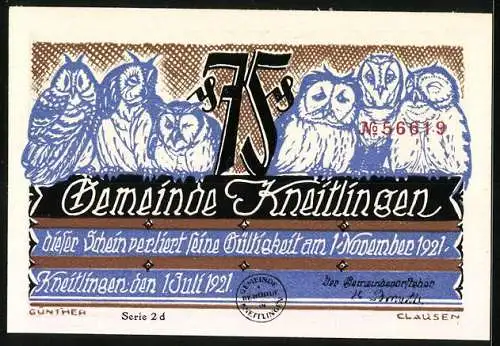 Notgeld Kneitlingen 1921, 75 Pfennig, Till Eulenspiegel und Eulenmotiv