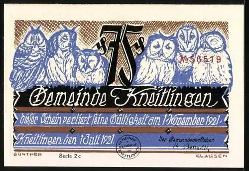 Notgeld Kneitlingen 1921, 75 Pfennig, Till Eulenspiegel und Eulen-Motiv