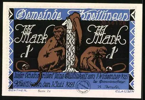 Notgeld Kneitlingen 1921, 1 Mark, Till Eulenspiegel auf Esel, Affen mit Säule