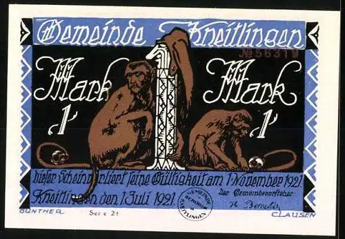 Notgeld Kneitlingen 1921, 1 Mark, Eulenspiegel-Grabszene, Affen mit Säule