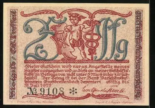 Notgeld Grossbreitenbach 1922, 25 Pfennig, Spielende Kinder und Allegorie, Seriennummer 9108