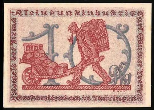 Notgeld Grossbreitenbach 1922, 10 Pfennig, Mann mit Schubkarre und Teufelsfigur, Nr. 9418