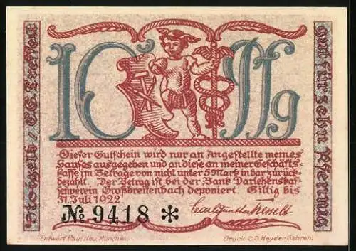 Notgeld Grossbreitenbach 1922, 10 Pfennig, Mann mit Schubkarre und Teufelsfigur, Nr. 9418