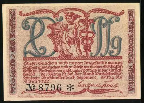 Notgeld Grossbreitenbach 1921, 25 Pfennig, Handwerker und Merkur, Seriennummer 8796