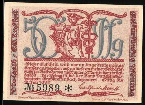 Notgeld Grossbreitenbach 1922, 50 Pfennig, laufendes Kind und Frau mit Korb, Nr. 5989