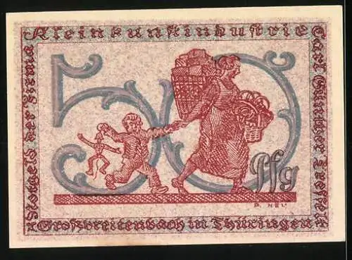 Notgeld Grossbreitenbach 1922, 50 Pfennig, laufendes Kind und Frau mit Korb, Nr. 5989