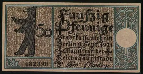 Notgeld Berlin-Kreuzberg 1921, 50 Pfennig, Das Hallesche Tor 1845, Bär