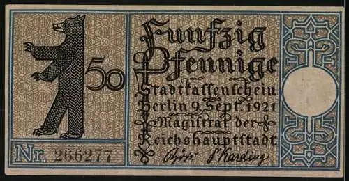 Notgeld Berlin-Friedrichshain 1921, 50 Pfennig, Bär und Inschrift
