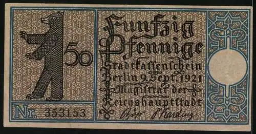 Notgeld Berlin-Zehlendorf 1921, 50 Pfennig, Kirche und Wagen, Berliner Bär