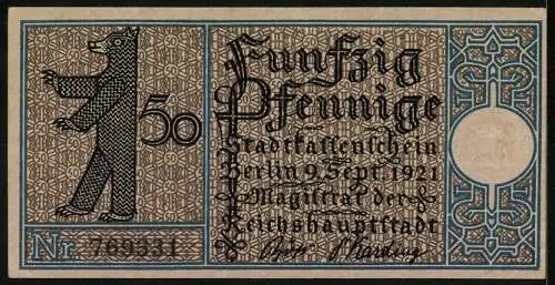 Notgeld Berlin-Treptow 1920, 50 Pfennig, Gasthaus und Bär, detailliertes Muster