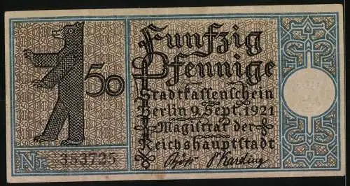 Notgeld Berlin-Pankow 1921, 50 Pfennig, Gehöft-Motiv, Berliner Bär