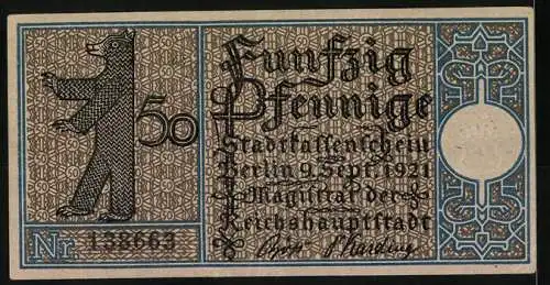 Notgeld Berlin-Köpenick 1921, 50 Pfennig, Segelschiff und Berliner Bär