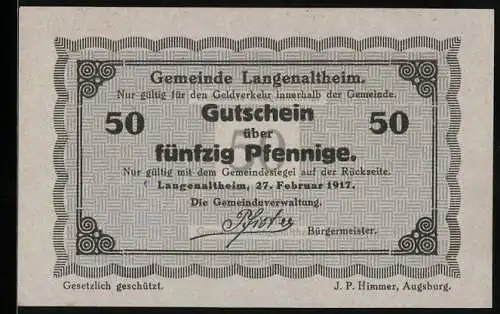 Notgeld Langenaltheim 1917, 50 Pfennig, Gutschein, Gemeindesiegel, geometrisches Muster