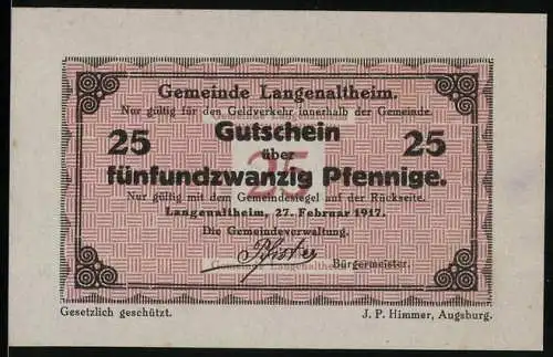 Notgeld Langenaltheim 1917, 25 Pfennig, geometrisches Muster, Gemeindesiegel und Unterschrift des Bürgermeisters