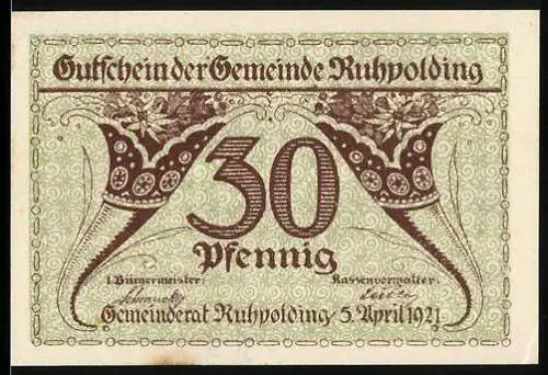 Notgeld Ruhpolding 1921, 30 Pfennig, florales Design, Berglandschaft, gültig bis 1922