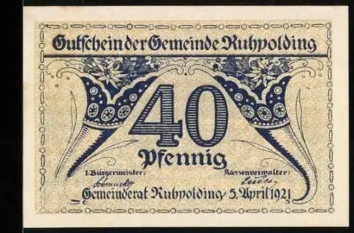 Notgeld Ruhpolding 1921, 40 Pfennig, Berglandschaft mit Blumenornamenten