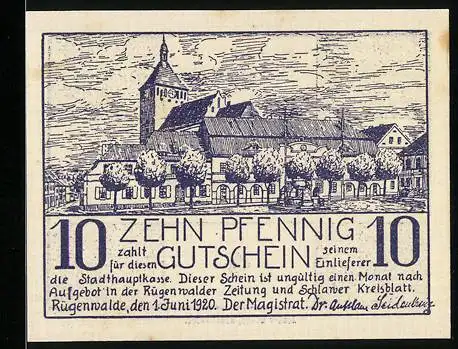 Notgeld Rügenwalde 1920, 10 Pfennig, Stadtansicht und Reim über lokale Spezialitäten