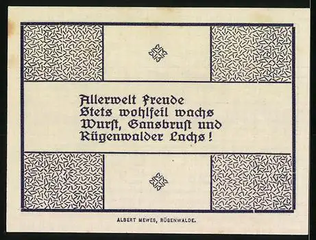 Notgeld Rügenwalde 1920, 10 Pfennig, Stadtansicht und Reim über lokale Spezialitäten