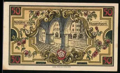 Notgeld Rosenheim 1921, 50 Pfennig, Bögen und Heiligenfigur, Stadtansicht im Hintergrund