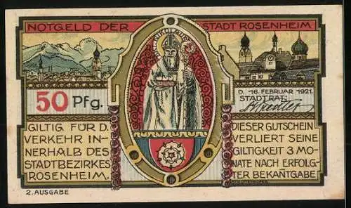 Notgeld Rosenheim 1921, 50 Pfennig, Bögen und Heiligenfigur, Stadtansicht im Hintergrund