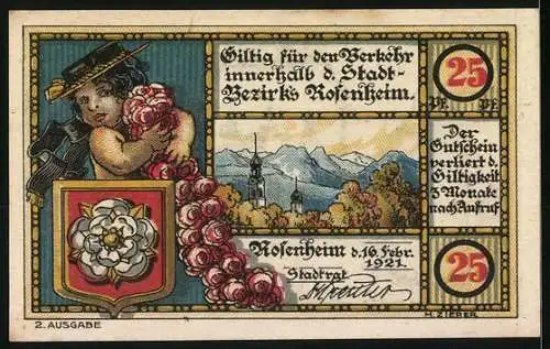 Notgeld Rosenheim 1921, 25 Pfennig, Stadtansicht mit Wappen und Kind mit Blumenkranz, Seriennummer und Ausgabeinfo