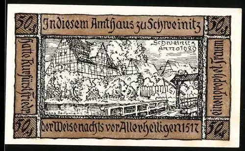 Notgeld Herzberg / Elster, 50 Pfennig, Amtsgebäude und Kirche in Herzberg, 1517 und 1620 erwähnt