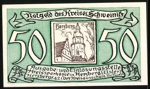 Notgeld Herzberg / Elster, 50 Pfennig, Amtsgebäude und Kirche in Herzberg, 1517 und 1620 erwähnt