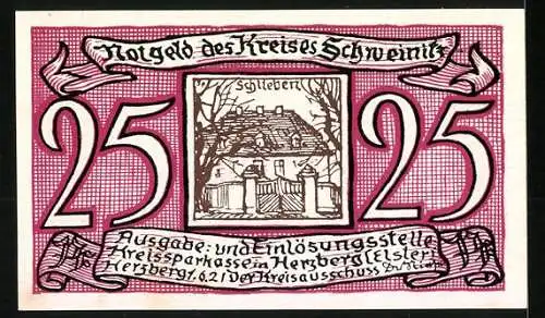 Notgeld Herzberg / Elster, 25 Pfennig, Hand mit Schreibfeder und Gebäude Schliebens