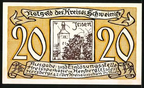 Notgeld Herzberg / Elster, 20 Pfennig, Löwe und Kirche von Jessen, Inschriften und dekorative Umrandung