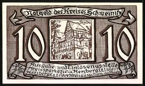 Notgeld Herzberg / Elster, 10 Pfennig, Martin Luther Porträt und Gebäude Seyda