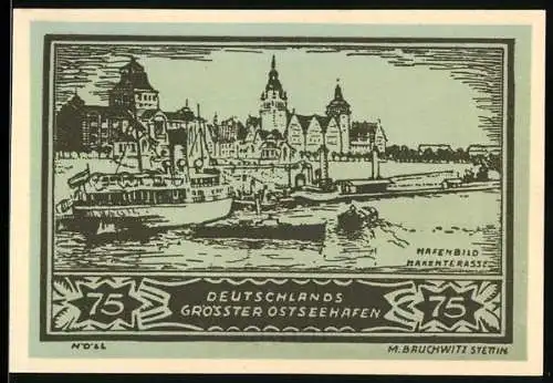 Notgeld Stettin 1921, 75 Pfennig, Deutschlands grösster Ostseehafen, Hafenansicht, Seriennummer 09605