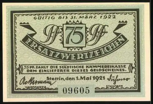 Notgeld Stettin 1921, 75 Pfennig, Deutschlands grösster Ostseehafen, Hafenansicht, Seriennummer 09605