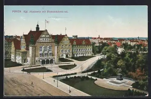 AK Posen / Poznan, Kgl. Akandemie mit Bismarckdenkmal