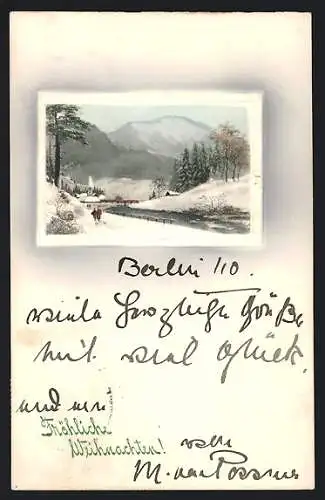 Künstler-AK V.K., Vienne Nr. 5110: Winterliche Landschaft mit Bach, Weihnachtsgruss