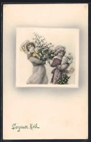 Künstler-AK V.K., Vienne Nr. 5118: Frau und Mädchen mit Tannenbaum, Weihnachtsgruss