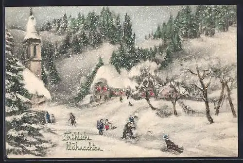 Künstler-AK V.K., Vienne Nr. 5105: Kinder mit Schlitten in winterlicher Landschaft, Weihnachtsgruss