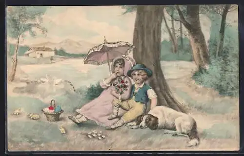 Künstler-AK V.K., Vienne Nr. 4059: Kinderpaar mit Hund und Osterkorb