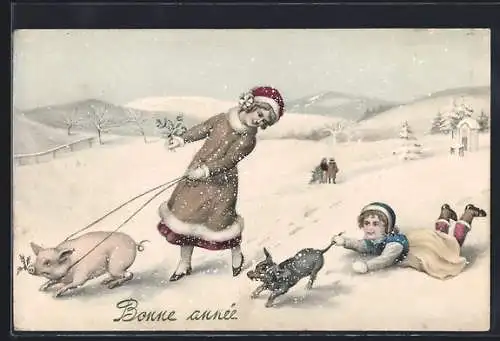 Künstler-AK V.K., Vienne Nr. 5357: Mädchen mit Schwein und Hund in einer Winterlandschaft