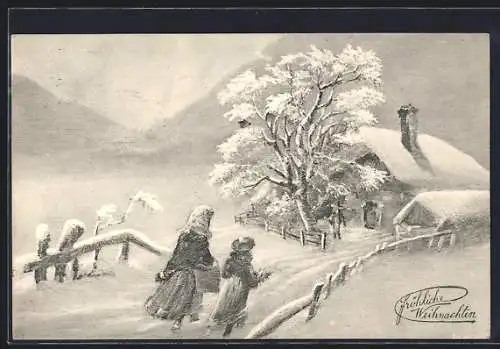 Künstler-AK V.K., Vienne Nr. 5310: Frau und Mädchen in winterlicher Landschaft, Weihnachtsgruss