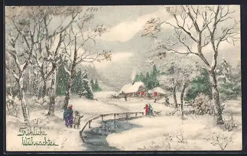 Künstler-AK V.K., Vienne Nr. 5105: Menschen in winterlicher Landschaft, Weihnachtsgruss