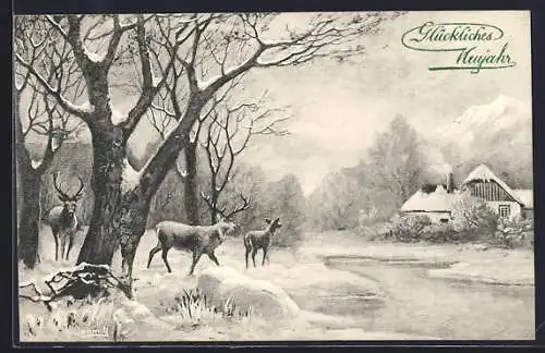 Künstler-AK V.K., Vienne Nr. 5313: Hirsche und Reh in winterlicher Landschaft, Neujahrsgruss