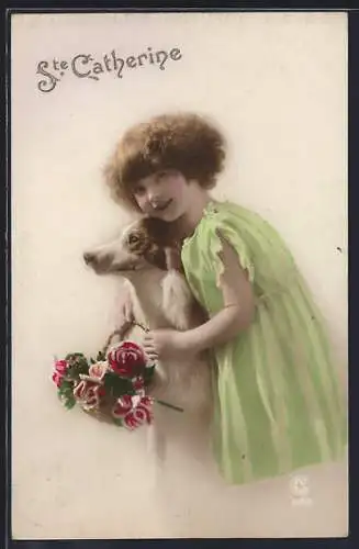 Foto-AK P. C. Paris: Ste Catherine, Mädchen im Kleid mit Hund