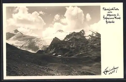 Foto-AK Hans Hruschka Nr. 1139: Zillertal, Tuxerjochhaus mit Olperer und Gefrorne Wand