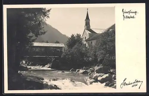 AK Ginzling, am Fluss, Blick zur Kirche